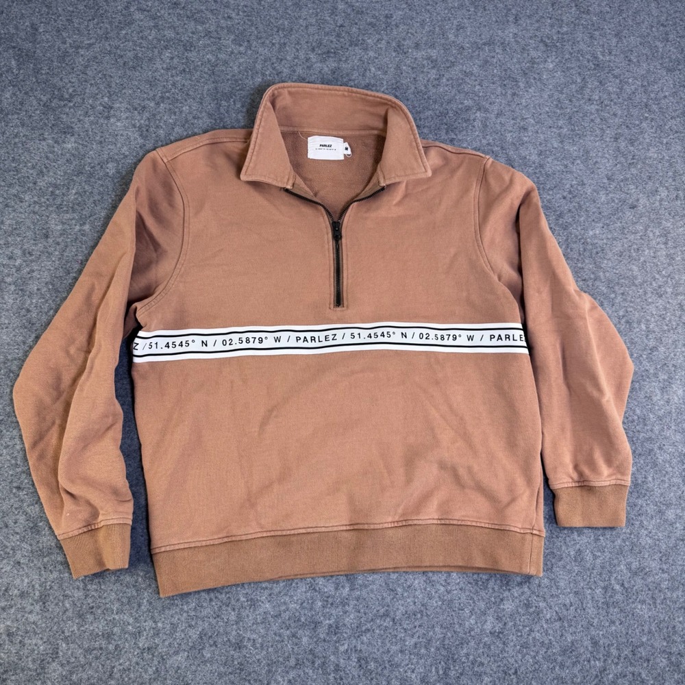 Parlez Mens Quarter Zip Sweatshirt Tan‎ Brown Coordinate Stripe Pullover Size M